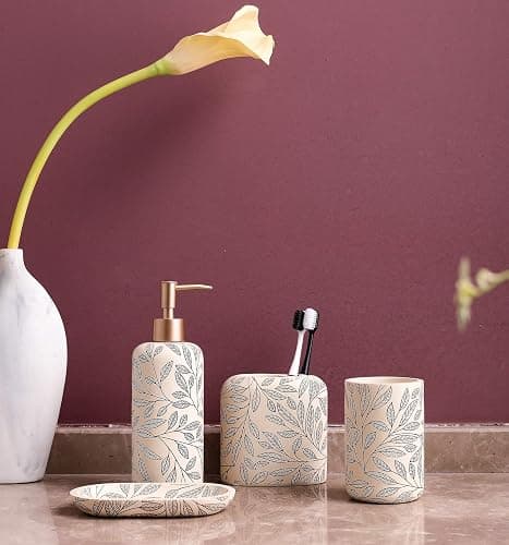 Hymmah Bathroom Accessories Set,Toothbrush Holder,Farmhouse Bathroom Decor,4 Pcs Resin Gift Set Apartment Necessities, Contain Toothbrush Cup,Soap Dispenser,Soap Dish,Tumbler thumbnail 4