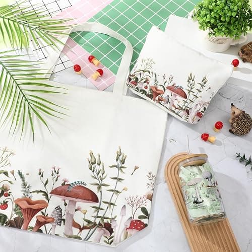 FoldTier 3 Pcs Plant Lover Gifts for Women, Thanksgiving Aesthetic Gifts for Mom, Grandma, Floral Canvas Tote Bag, 16 oz Coffee Cup with Straw Lid, Makeup Bag for Baby Shower, Wedding(White,Mushroom) thumbnail 6