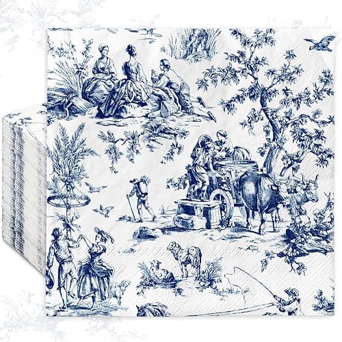 JarThenaAMCS 80 Sheet Blue White Paper Napkins French Village Printed Disposable Napkins Farmhouse Decorative Luncheon Dinner Napkins for Party Supplies Table Decor, 6.5 x 6.5 Inch - Image 1
