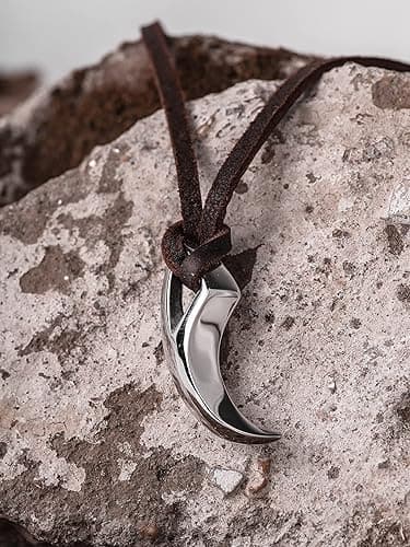 HAQUIL Stainless Steel Tribal Wolf Tooth Pendant Necklace, Faux Leather Cord, Wolf Jewelry Gift for Men and Women | Gift, Wolf Jewelry thumbnail 4