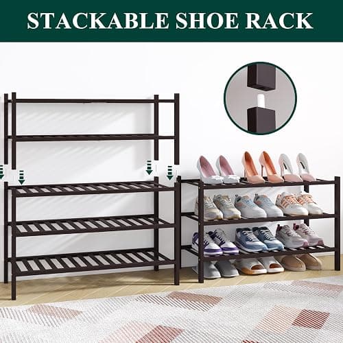 Smiry Bamboo Shoe Rack for Closet, 3 Tier Wooden Stackable Shoe Organizer, Free Standing Shoes Storage Shelf for Entryway, Front Door Entrance, Brown thumbnail 4