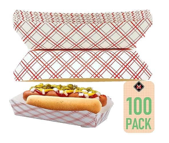 Mr Miracle 7 Inch Paper Hot Dog Tray in Red White Pattern. Pack of 100. Disposable, Recyclable and Fully Biodegradable. Made in USA - Image 1