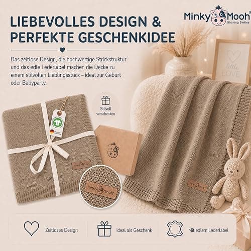 Minky Mooh® - Babydecke aus 100% Bio Baumwolle (Öko-Tex 100) Gr. 94x72cm Taupe - Baby & Kuscheldecke Geschenk für Neugeborene zur Geburt Erstausstattung - Pucktuch & Baumwolldecke Mädchen & Jungen thumbnail 6
