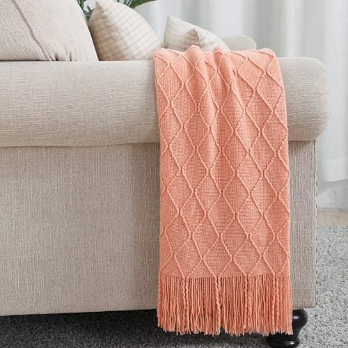 BOURINA Orange Throw Blanket 50x60 Inches Throw Textured Solid Soft Sofa Couch Decorative Knit Blanket thumbnail 5