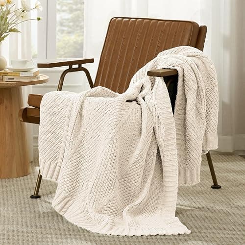 Amélie Home Chevron Chenille Knit Throw Blanket for Couch, Cozy Texture Decorative Soft Blanket for Sofa & Chair, 50"x60", Ivory thumbnail 5