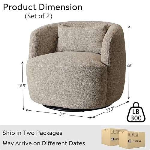 KINWELL 34" Wide Boucle Swivel Barrel Chairs Set of 2, No Assembly Round Upholstered Armchairs Accent Chairs Single Sofa Chair with Toss Pillow for Living Room and Bedroom, Taupe thumbnail 2