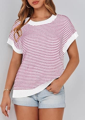 PRETTYGARDEN Womens Short Sleeve Sweater Spring Summer 2026 Round Neck Striped Pullover Cap Sleeve Knit Sweater Vest Tops thumbnail 8