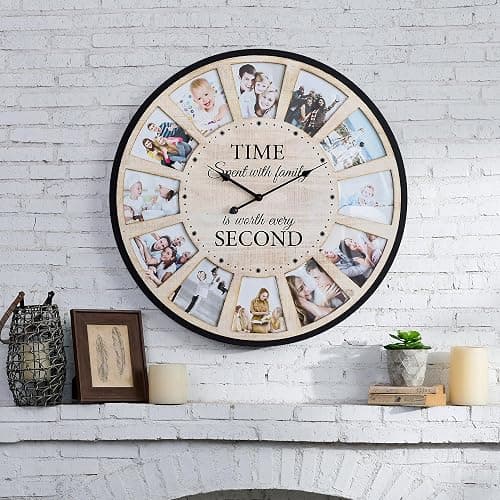JUMBO HUMBLE 12 Photo Collage Rustic Wood Farmhouse Wall Clock, Large Family Picture Wall Clock for Living Room, Home, Kitchen, Silent Battery Powered 24 Inch Natural thumbnail 5