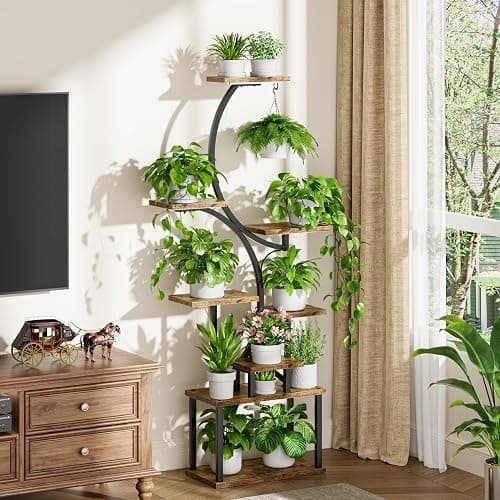 Plant Stand Indoor with Grow Lights - 62" Tall Plant Shelf, Lighted Corner Plant Stands for Indoor Growing, 8 Tiered Large Flower Holder, S-Shaped Decorative Rack for Living Room, Black, Patent Design thumbnail 7
