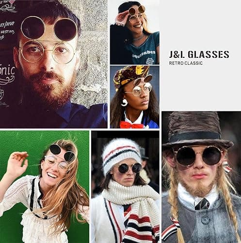 J&L Glasses Retro Flip-Up Round Goggles Steampunk Sunglasses - Silver,silver thumbnail 3