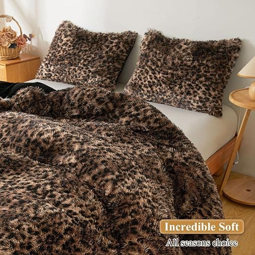 XeGe Fluffy Faux Fur Cheetah Print Pillowcases, Set of 2 Plush Fuzzy Leopard Print Long Bed Pillow Covers, 20x26 Shaggy Furry Pillow Shams with Zipper Bed Couch Sofa, Brown and Black, Standard Size thumbnail 5