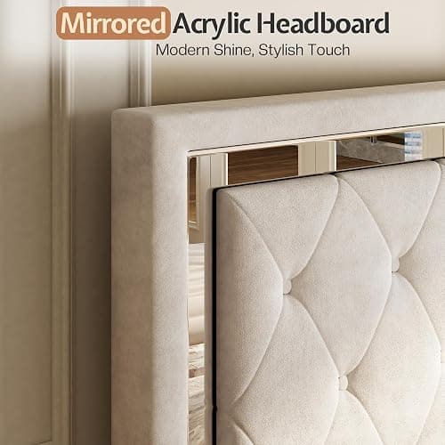 Jocisland Queen Bed Frame with LED Lights Headboard&Footboard, Velvet Upholstered Queen Size Platform Bed Frame No Box Spring Needed/Cream thumbnail 6