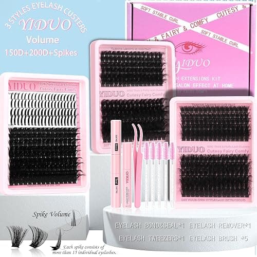 YIDUO 575Pcs Lashes Clusters Kit with Glue and Removers, D Curl Volume 150D+200D Thick+Spiky Lashes Extension, 12-21mm Thick Extension Eyelashes DIY Individual False Eyelash Kit DIY at Home Easily thumbnail 9