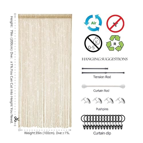 Atsweetlife Door String Curtain Doorway Beads Curtains,Hanging Room Divider Beaded Decor Hippie Glitter Fringe Panel Closet Window Doors Sequin Sheer Boho Doors Tassel (Champagne) thumbnail 3