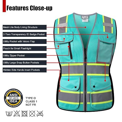 HATAUNKI High Visibility Reflection Peacock Mesh Safety Vests with 9 Pockets and Front Zipper, hi vis safety vest for Women, Meets ANSI/ISEA Standards(Peacock-16,M) thumbnail 3