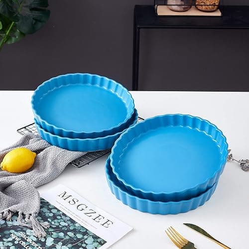 Bruntmor Ceramic Pie Pans Set of 4, Baking Dishes/Quiche Dish/Apple Pie/Tart. Oven Safe Nonstick Porcelain Round Baking Plate/Pot/Tart Pan. 10"/ Blue thumbnail 9