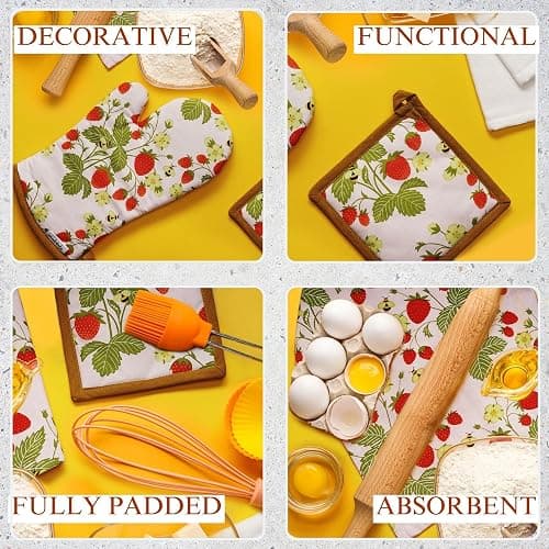 Strawberry Tea Towel and Oven Mitt Set - Dish Towels and Pot Holders | 5 Pack - Textiles Decor Accessories - Kitchen Mittens thumbnail 5