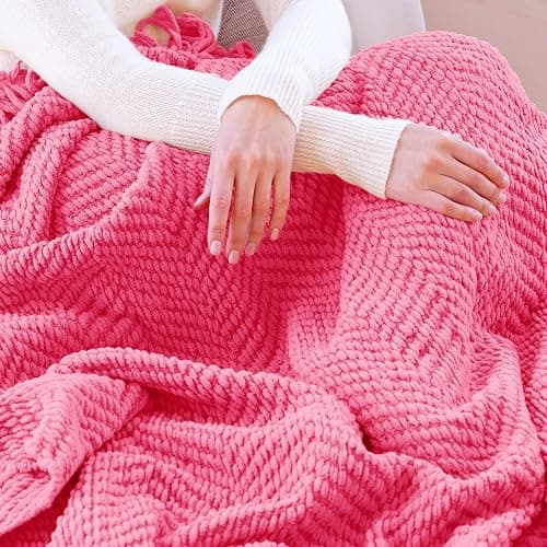 BYTIDE Throw Blanket for Couch Soft Knitted Textured Couch Cover Tweed Blanket with Fringe Tassel for Home Décor Bed Sofa Chair, 60" x 80", Hot Coral Pink thumbnail 4