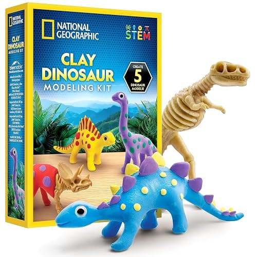 NATIONAL GEOGRAPHIC Clay Dinosaur Arts & Crafts Kit - Dinosaur Air Dry Clay for Kids with 5 Clay Colors, 5 Dino Skeletons & Googly Eyes, Dinosaur Activity for Girls and Boys Ages 4 5 6 7 8 9 & 10 - Image 1