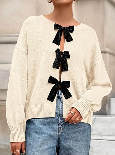 PRETTYGARDEN Cardigan Sweaters for Women Fall Fashion 2025 Bow Tie Front Long Sleeve Knit Sweater Tops Cute Winter Clothes thumbnail 5