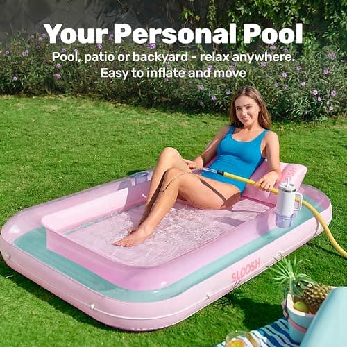 SLOOSH Inflatable Tanning Pool Lounger Float, 70" x 46" Pool Floats Adult with Pillow, 4 in 1 Suntan Tub Raft Floatie,Sunbathing Bed Lounge for Water Blow Up Ball Pit Party Gifts, L-Cyan Pink thumbnail 3