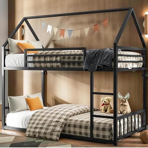 LIKIMIO Bunk Bed Twin Over Twin, House Bunk Bed Frame with Ladder and Guardrail, House Shaped with Metal Slats for Dormitory and Bedroom, Space Saving, No Box Spring Needed, Black thumbnail 7