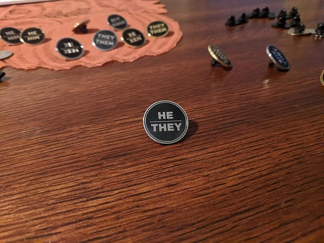 He They Pronoun Pin Black and Silver Circular Hard Enamel Pronoun Badge Button thumbnail 4