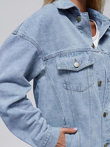 AUTOMET Women's Button Down Oversized Jeans Jacket with Pockets | Classic Denim Jacket with Chest Pockets, Loose Fit Boyfriend Style Coat for Fall thumbnail 5