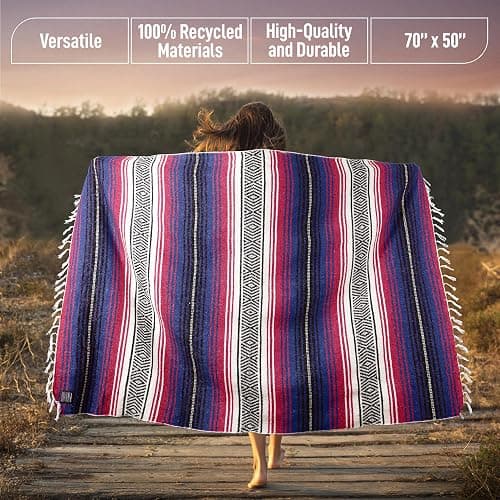 Hydration Nation Authentic Extra Large Mexican Blanket (70"x50") - Handwoven Yoga, Serape- Artisanal Falsa, Beach, Camping, Picnic, Outdoor - Twilight thumbnail 3