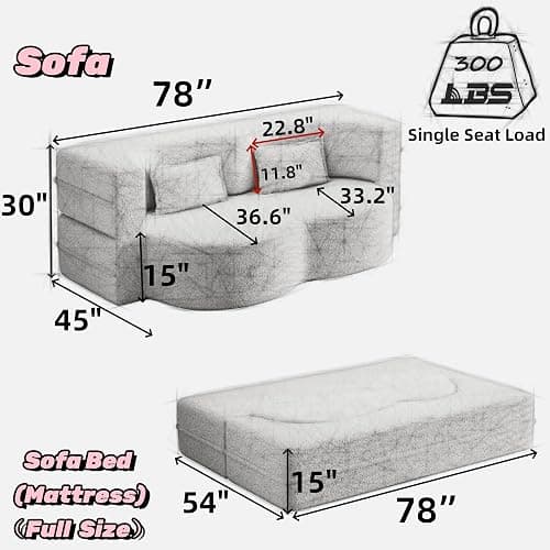 ALAMHI 78" Full Size Floor Sofa, Folding Queen Sleeper Couch, Futon Loveseat Sofa, Plush Corduroy Foam-Filled Sleeper Couch Bed, Fold Mattress Bed for Living Room, Guest Use, Office, Apartment, Green thumbnail 3