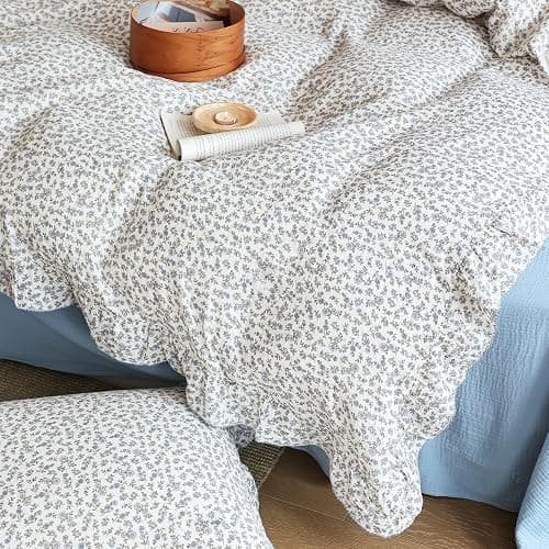 BuLuTu Chic Shabby Floral Girls Boys Duvet Cover Twin Size, Blue Flower Print Kids Duvet Cotton Muslin Soft Breathable Ruffled Quilt Cover Children Bedding, Zipper Closure thumbnail 7