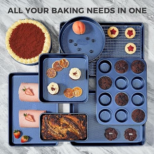 HONGBAKE 9-Piece Baking Pans Set Nonstick, Stackable Non Toxic Bakeware Sets with Diamond Texture, Oven Pan Set for Cooking, Includes Cookie Sheet with Rack, Cake Pan, Roasting Pan, Muffin Tin, Blue - Sapphire Blue - luxury nine-piece set thumbnail 3