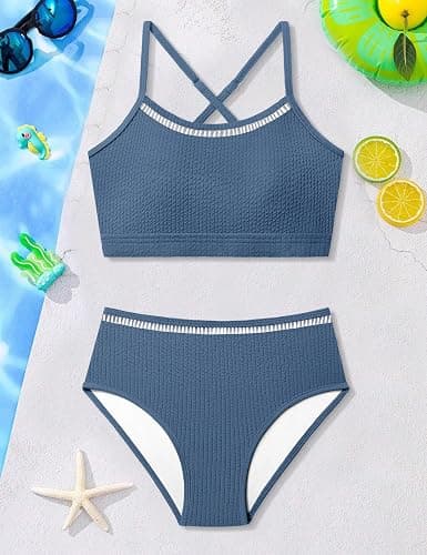 TyeSmo Girls Swimsuit Two Piece Cross Back Bikini Cutout Bathing Suit for Girls Adjustable Straps Swimwear 9-16Y thumbnail 6