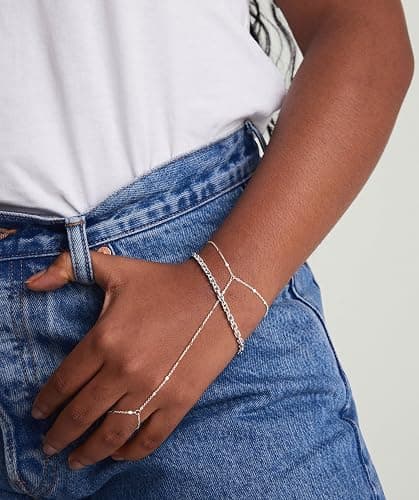 Moodear Sterling Silver Dainty Ring Bracelet Hand Chain for Women - 14K Gold Plated/Sterling Silver Layered Adjustable Satellite Bead Paperclip Dot CZ Link Hand Chain Bracelets Non Tarnish Trendy Jewelry Gift thumbnail 4