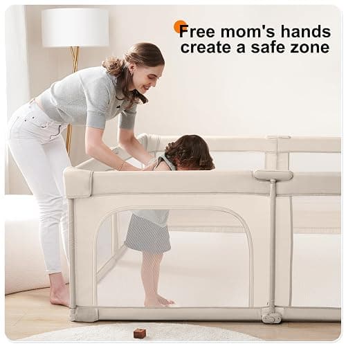 Sweeby Baby Playpen, 59x59 Inch Gate Foldable for Babies and Toddlers, Extra Large with Door Play Yard for Fence Indoor and Outdoor, Light Khaki thumbnail 8