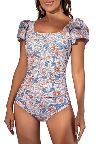 Eomenie Women's Tummy Control One Piece Swimsuit Ruffle Square Neck Bathing Suit Ruched Cutout Back Slimming Swimwear - Medium - Orange Print - Image 1