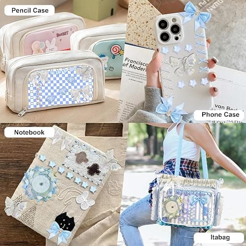 103 Pcs DIY Ita Bag Accessories with Insert Panels,Ribbons,Ita Bag Decor with Bows, Wings, Hearts, Stars, Pom-Pom, Making Supplies for Handicraft Enthusiast, Celebrity Fan, Anime Fan (Blue) thumbnail 5