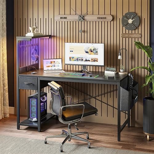TIQLAB Gaming Desk 47 inch with Power Outlet and LED Light, Computer Desk with Reversible Shelves and Storage Drawer, Small PC Desk for Home Office Table with Bag, Carbon Fiber Black thumbnail 2
