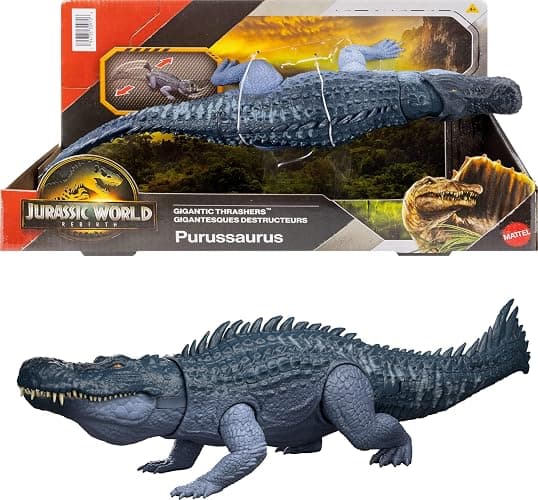 Mattel Jurassic World Rebirth Gigantic Thrashers Dinosaur Figure, Purussaurus Large Species Toy, 2 Rampage Attacks, Digital Play - Image 1