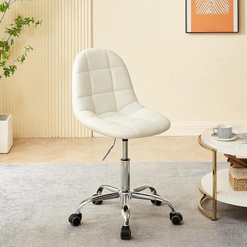 VECELO Stylish Height Adjustable Faux Leather Vanity Chair, Modern Swivel Makeup Chair with Rolling Wheels, Comfortable Padded Task Chair for Bedroom, Dressing Room & Home Office – White - Image 1