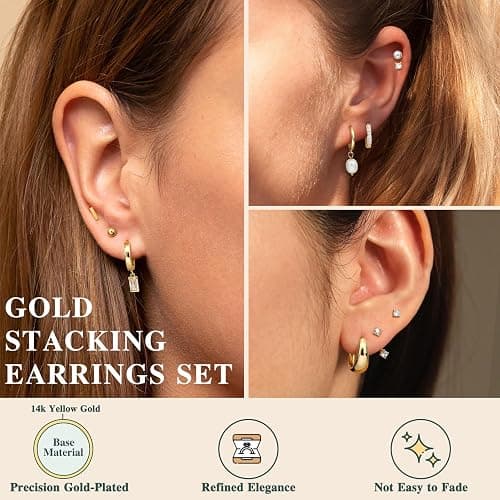 Finrezio 13 Pairs Small Gold Hoop Earrings Set for Women 14K Gold Plated Lightweight Huggie Hoops Hypoallergenic Pearl Dainty Stud Hoop Earrings for Gift, Gold thumbnail 2