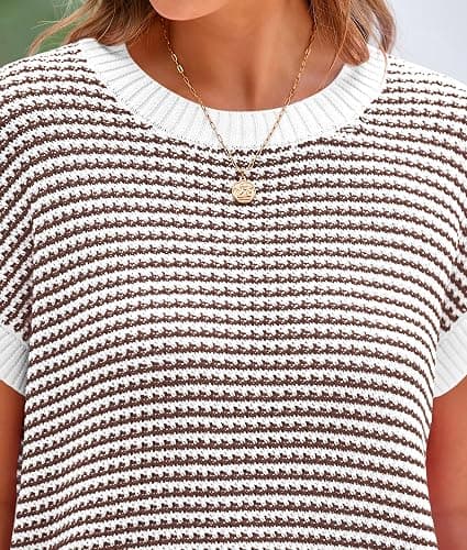 PRETTYGARDEN Womens Short Sleeve Sweater Spring Summer 2026 Round Neck Striped Pullover Cap Sleeve Knit Sweater Vest Tops thumbnail 6