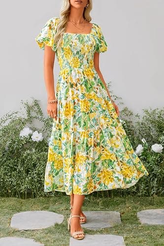 PRETTYGARDEN Women's Smocked Midi Wedding Guest Dress | Puff Short Sleeve, Square Neck A Line, Tiered Ruffle Hem, Long Dresses, Beach Vacation, Cocktail Party, Summer Outfits thumbnail 8