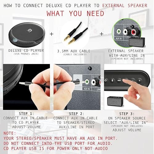 Deluxe Products CD Player Portable with 60 Second Anti Skip, Stereo Earbuds, Includes Aux in Cable and AC USB Power Cable for use at Home or in Car thumbnail 4