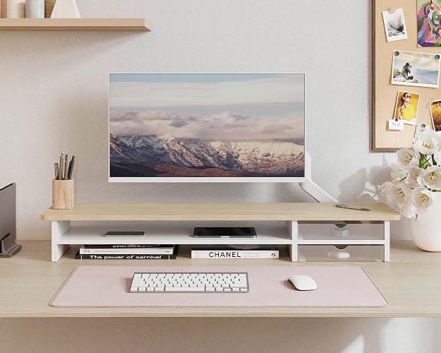 Fenge Dual Monitor Stand Riser with 2 Acrylic Storage Drawer 108cm Large Monitor Stands for PC/Laptop/Fax/Printer/TV Screen, Whole Piece Board, Oak+White thumbnail 4