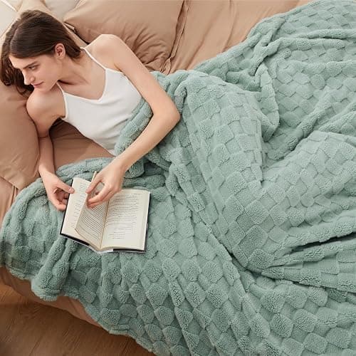 Bedsure Queen Size Blanket for Bed - Soft Fleece Checkered Blankets, Warm Cozy Thick Fluffy Fuzzy Plush Gifts for Women Girls, Fall Living Room Home Decor, Sage Green，90x90 thumbnail 3