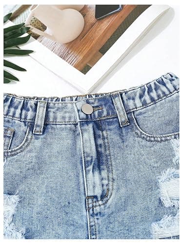 Floerns Girl's Ripped Raw Hem Elastic Waist Straight Leg Denim Shorts with Pockets thumbnail 4