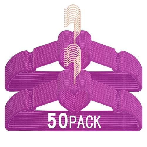 JIUXCF Dark Purple Velvet Hangers 50 Pack, Premium Heart Hanger Non-Slip Felt Hanger, 360° Swivel Rose Gold Hooks, Space Saving Slim Hangar, Durable & Cute Clothes Hanger for Adult - Image 1