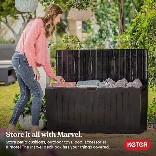 Keter Marvel Plus 71 Gallon Resin Outdoor Storage Box for Patio Furniture Cushions, Throw Pillows, Garden Tools and Pool Floats, Brown thumbnail 2