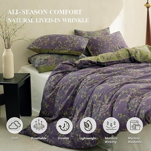Simple&Opulence Muslin Duvet Cover Set King Size, 100% Washed Cotton 3 Pieces Yarn-Dyed Vintage Purple Floral Jacquard Textured Bedding, Soft & Breathable Gauze Comforter Cover with Zipper Closure thumbnail 3